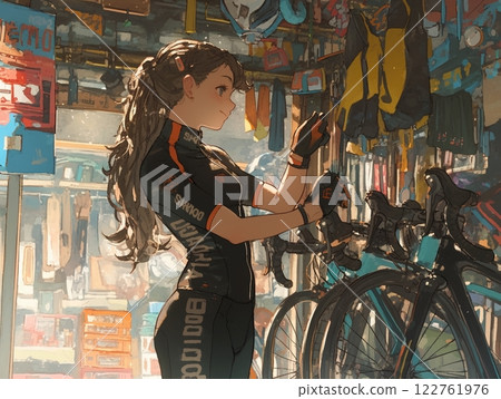 A woman doing bicycle maintenance at a cycle shop | Beautiful moments in sports and everyday life 122761976