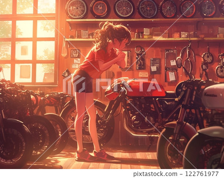 Woman admiring vintage bike in garage | A moment in warm light Woman admiring vintage bike in garage | A moment in warm light 122761977