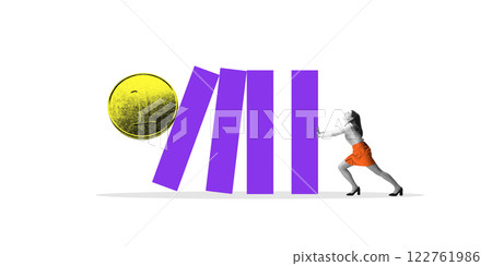 Conceptual art design. Businesswoman in orange skirt pushes against falling purple blocks while large golden coin rolls toward her, symbolizing financial crisis. Conceptual art design. Businesswoman in orange skirt pushes against falling purple blocks while large golden coin rolls toward her, symbolizing financial crisis. 122761986
