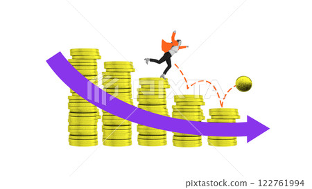 Conceptual art design. Businesswoman in orange coat stumbles off stack of golden coins while declining purple arrow illustrates financial instability. Conceptual art design. Businesswoman in orange coat stumbles off stack of golden coins while declining purple arrow illustrates financial instability. 122761994