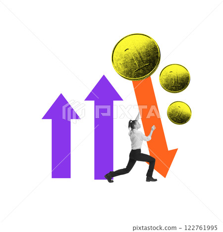 Conceptual art design. Businesswoman struggles to push rising golden coins against falling orange arrow as purple arrows indicate economic uncertainty. Conceptual art design. Businesswoman struggles to push rising golden coins against falling orange arrow as purple arrows indicate economic uncertainty. 122761995