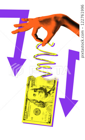 Conceptual art collage. Orange hand drops bouncing yellow dollar bill as purple downward arrows emphasize economic decline and market instability. Conceptual art collage. Orange hand drops bouncing yellow dollar bill as purple downward arrows emphasize economic decline and market instability. 122761996