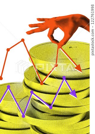 Conceptual art collage. Orange hand manipulates fluctuating financial graphs over stacks of golden coins, illustrating market instability. Conceptual art collage. Orange hand manipulates fluctuating financial graphs over stacks of golden coins, illustrating market instability. 122761998