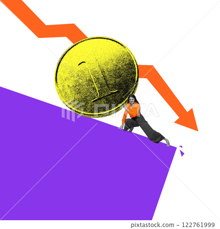 Contemporary art collage. Woman in orange top struggles to push large golden coin uphill while downward orange arrow represents financial collapse 122761999