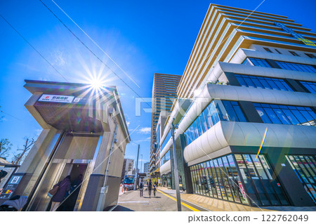Yokohama cityscape in Japan. View of elevators at Shin-Tsunashima Station on the Tokyu Shin-Yokohama Line. A ray of hope for a new era = 9th Yokohama cityscape in Japan. View of elevators at Shin-Tsunashima Station on the Tokyu Shin-Yokohama Line. A ray of hope for a new era = 9th 122762049