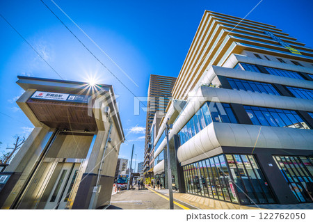 Yokohama cityscape in Japan. View of elevators at Shin-Tsunashima Station on the Tokyu Shin-Yokohama Line. A ray of hope for a new era = 9th Yokohama cityscape in Japan. View of elevators at Shin-Tsunashima Station on the Tokyu Shin-Yokohama Line. A ray of hope for a new era = 9th 122762050