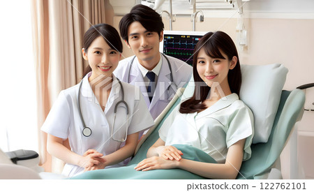 A hospital room with a nurse, a doctor and a calm, peaceful patient 122762101
