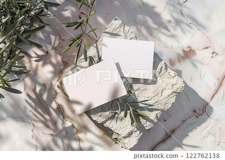 Business card mock up isolated on marble background. Blank white card mockup from textured paper for design. Corporate office stationery set template. Text, logo branding. Empty cards pile flat lay 122762138