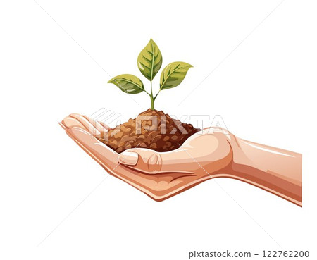 Hand holding soil in for planting. Environmental growth, save planet friendly. 122762200