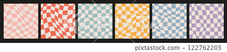 Groovy Checkered Background. Retro Twisted Square templates collection. Waves Trippy Grid. Trendy Hippie aesthetic psychedelic 1970s 122762205