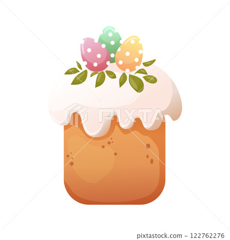 Cute cartoon illustration of Easter cake decorated by twig and eggs. Paska, kulich icon or print Cute cartoon illustration of Easter cake decorated by twig and eggs. Paska, kulich icon or print 122762276
