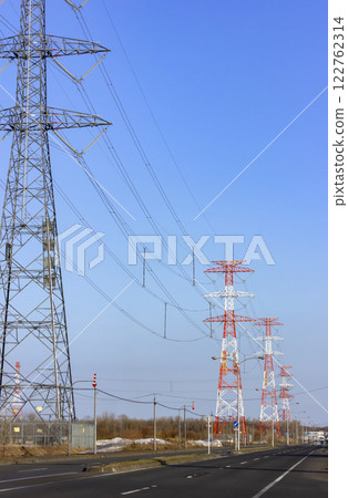 Power transmission tower, blue sky 122762314