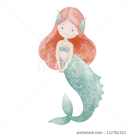 Watercolor illustration of a Mermaid with red hair and green tail. Drawing of cute underwater Princess for childish posters or nursery wall art. Drawing of fantasy character for girls baby shower card 122762322