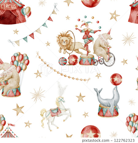 Circus watercolor Pattern with jester, carnival animals and balloons. Illustration of background with festival tents and stars. Vintage backdrop for childish wrapping paper or baby nursery wall art. 122762323