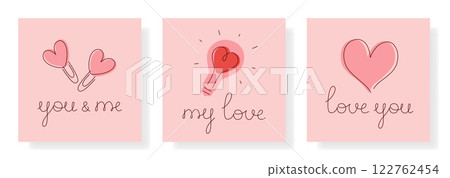 Set of simple square cards for Valentines Day. Romantic cards for February 14. Festive cards with handwritten inscriptions, decorative hearts and symbols of love 122762454