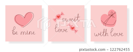 Valentines Day greeting card set. Festive square cards with handwritten inscriptions, decorative hearts and symbols of love. Romantic gift cards for lovers 122762455