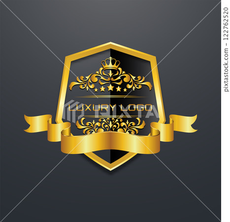 golden shield logo with ribbon and floral ornament golden shield logo with ribbon and floral ornament 122762520
