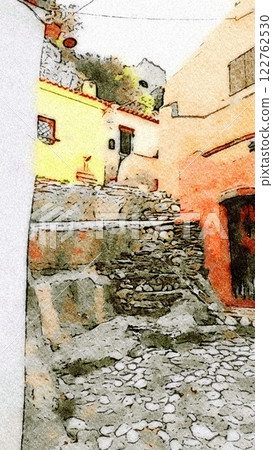 Watercolor glimpse of a small street in Posada, a small village in Sardinia. 122762530