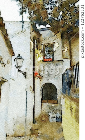 Watercolor glimpse of a small street in Posada, a small village in Sardinia. 122762531