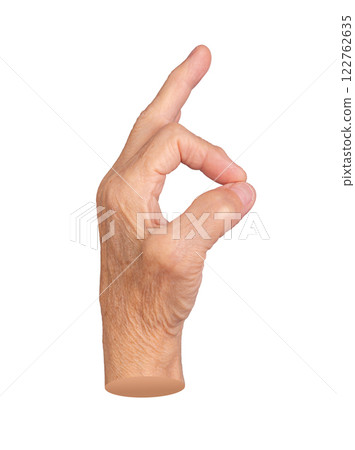 Elderly female hand making an OK gesture, symbolizing approval, positivity, and agreement. Wrinkled 122762635