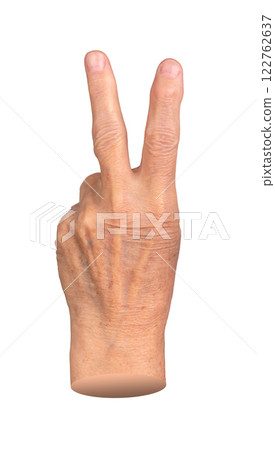 Elderly female hand showing a peace sign with wrinkled skin, symbolizing victory, success, and 122762637