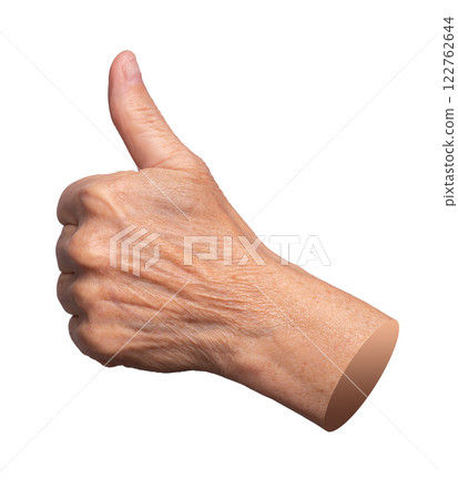 Elderly female hand with wrinkled skin showing a thumbs-up gesture, symbolizing approval, success, 122762644