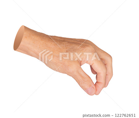 Elderly hand with wrinkled skin making a pinch gesture, thumb and finger holding something invisible 122762651