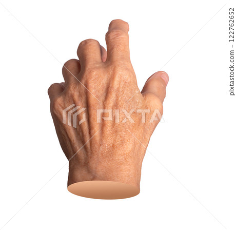 Elderly hand with wrinkled skin outstretched, fingers reaching out in a gesture of connection, 122762652