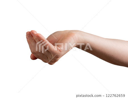 Female hand in cupped shape, fingers bent, palm open, symbolizing giving or holding something unseen Female hand in cupped shape, fingers bent, palm open, symbolizing giving or holding something unseen 122762659