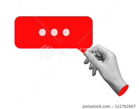 Hand holding a red speech bubble, negative feedback, bad review, or online criticism. Concept of Hand holding a red speech bubble, negative feedback, bad review, or online criticism. Concept of 122762667