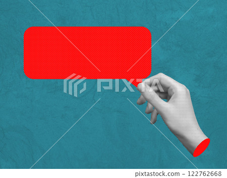 Hand holding a red speech bubble, symbolizing negative feedback, bad review, or toxic online 122762668