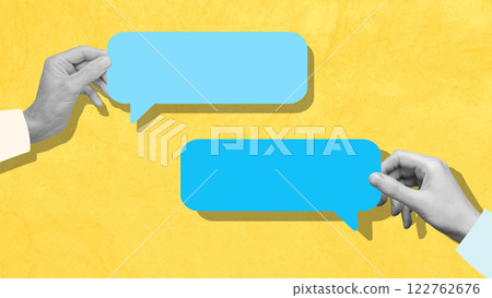 Hands holding blue speech bubbles, symbolizing business communication, dialogue, and idea sharing. Hands holding blue speech bubbles, symbolizing business communication, dialogue, and idea sharing. 122762676