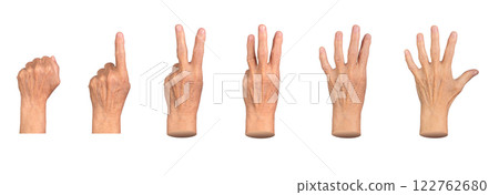 Senior female hand showing counting gestures. Wrinkled fingers displaying numbers from zero to five, 122762680