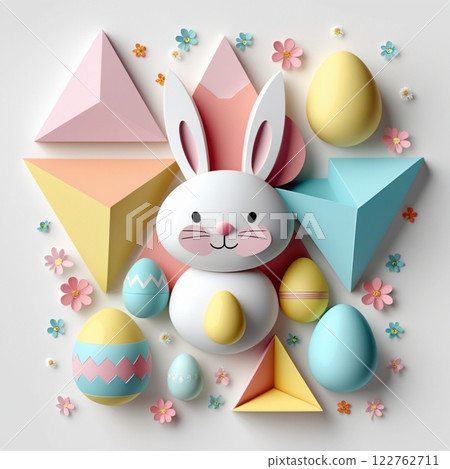 Geometric Easter bunny with colorful eggs and flowers on white background.  122762711