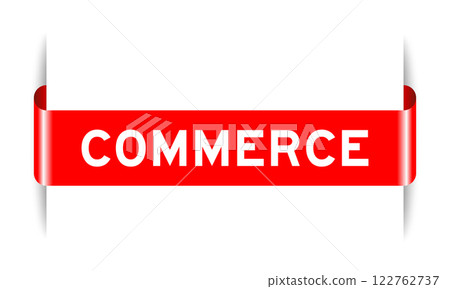Red color inserted label banner with word commerce on white background 122762737