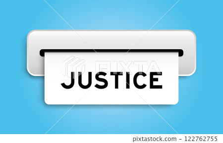 White coupon banner with word justice from machine on blue color background White coupon banner with word justice from machine on blue color background 122762755
