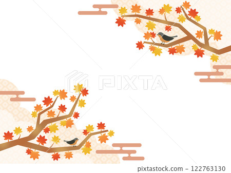 Japanese-style design of autumn leaves and autumn birds illustration background material 122763130