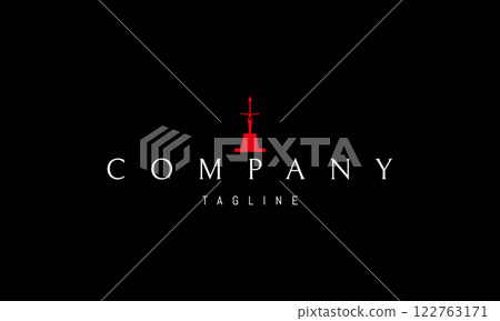 Vector red logo with an abstract image of a sword against the background of an anvil. 122763171