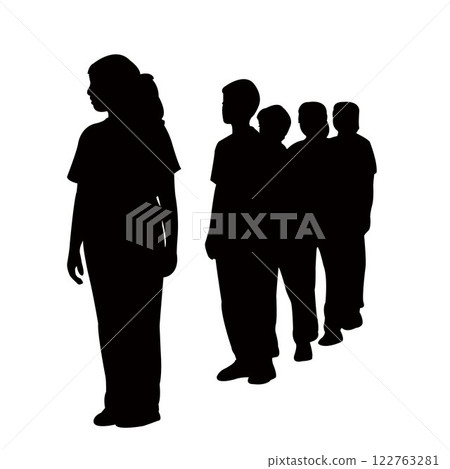 children waiting in line, silhouette vector 122763281