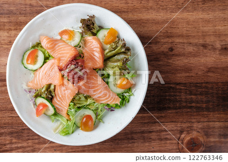 Mixed Vegetable Greens Salad with Salmon Mixed Vegetable Greens Salad with Salmon 122763346