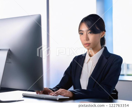 Young business woman headed to laptop 122763354