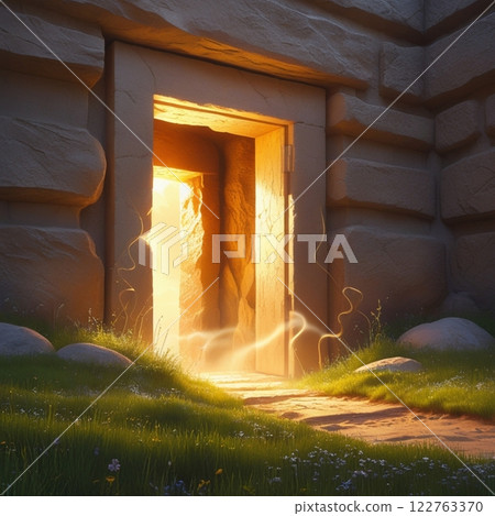 Mysterious glowing doorway in ancient stone wall.  122763370