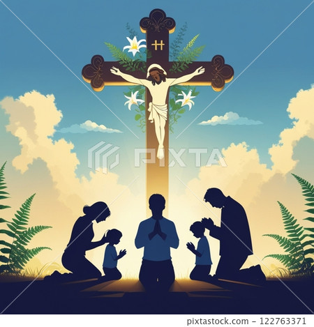 Silhouetted family praying before crucifix at sunset.  122763371
