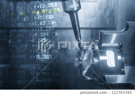 Abstract scene the 5-axis CNC milling machine cutting the automotive part and G-code data background. Abstract scene the 5-axis CNC milling machine cutting the automotive part and G-code data background. 122763385