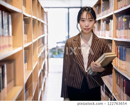 A woman choosing a book at a library A woman choosing a book at a library 122763654