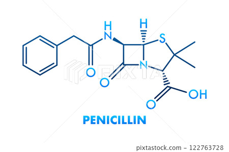 Penicillin skeletal formula showing atoms and bonds, antibiotic drug 122763728