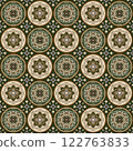 Indian ethnic tribal fabric pattern featuring floral designs in green and cream tones. Inspired by traditional Indian ethnic painting, this design embodies ethnic meticulous beauty and cultural elegan 122763833