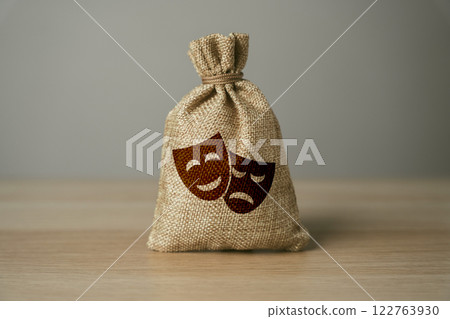 A bag with drawings of theatrical masks. The concept of good and bad impressions and emotions, life experience and moods. Mood changes, acting, drama, human psychology, balance between joy and sorrow. 122763930