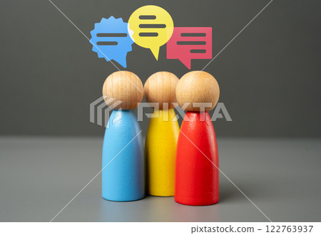 Three figures of people in active discussion and communication. Teamwork and brainstorming. Negotiations, collaboration, business meetings, social interactions, networking and debate 122763937