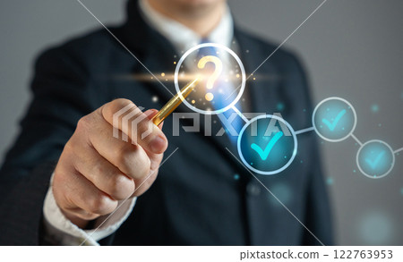 Businessman points to the next unfulfilled task item. Investigation chain, roadmap plan. Workflow management. Task prioritization. Project tracking, organizational planning. Progress toward success. 122763953